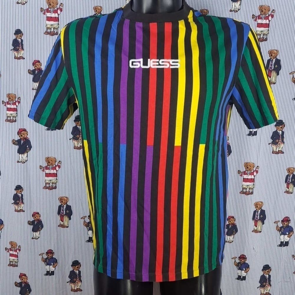 Guess Jeans embroidered spellout multicolor color stripes casual wear SM t-shirt - Picture 2 of 4